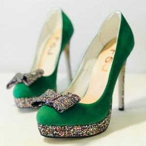 Sexy Suede Platform Glitter Stiletto with Bow